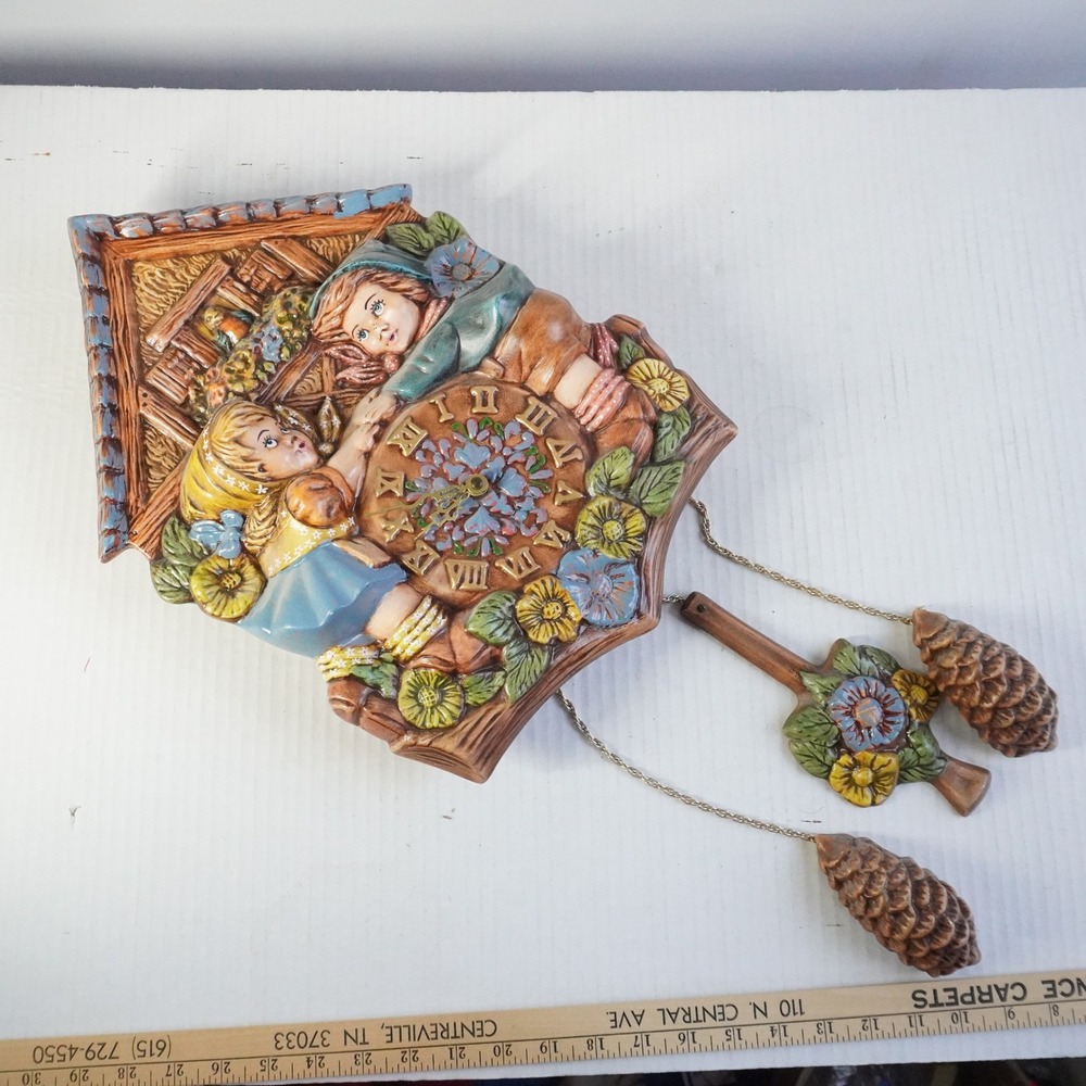 VTG Ceramic Alpine Boy Girl Wall Faux Cuckoo Clock 3D Pendulum Pinecone Weights